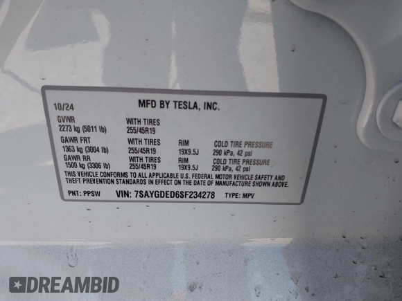 2025 Tesla Model Y Long Range with VIN 7SAYGDED6SF234278, listed as a IAAI auction lot 41781695 with 1,168 mi miles and . Bid and sale history available at DreamBid. Image 9.