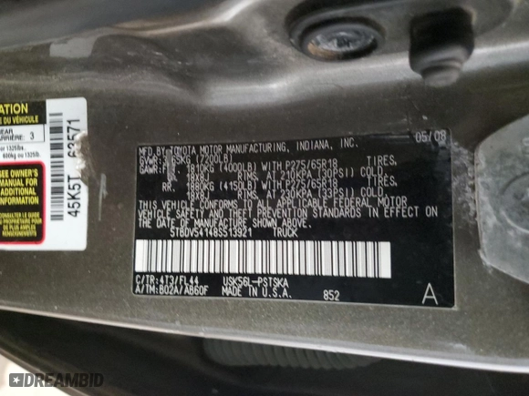 2008 Toyota Tundra 4WD Truck with VIN 5TBDV54148S513921, listed as a Copart auction lot 49838085 with 264,520 mi miles and Salvage Title. Bid and sale history available at carsss.com. Image 12.