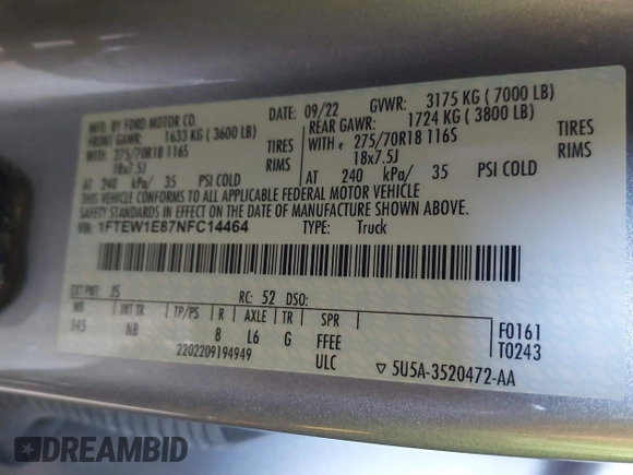 2022 Ford F-150 XL with VIN 1FTEW1E87NFC14464, listed as a IAAI auction lot 42262127 with 39,614 mi miles and . Bid and sale history available at DreamBid. Image 9.
