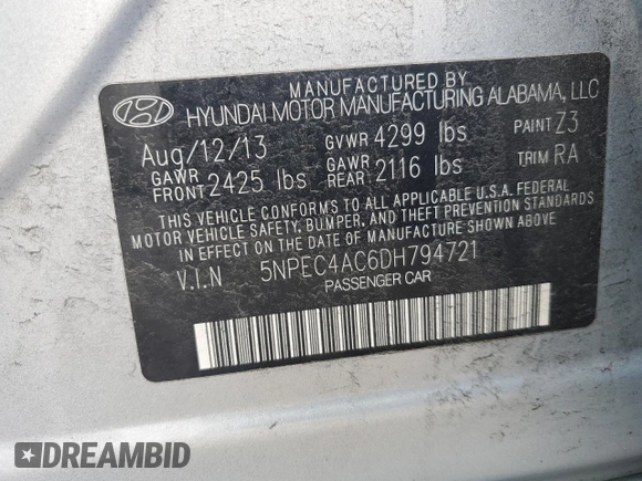2013 Hyundai Sonata Limited with VIN 5NPEC4AC6DH794721, listed as a Copart auction lot 53328475 with 234,695 mi miles and Salvage Title. Bid and sale history available at carsss.com. Image 12.