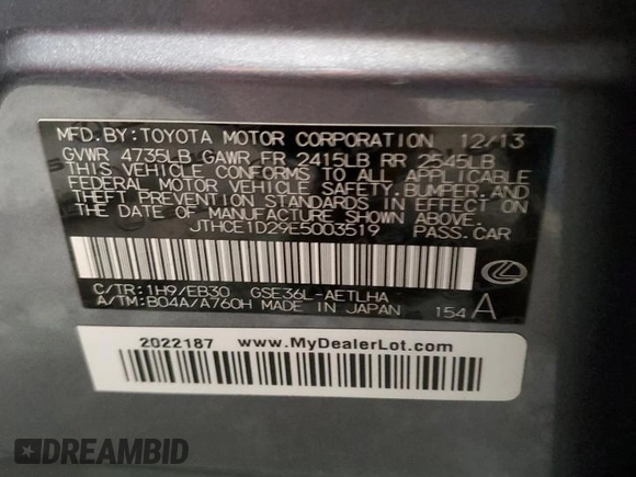 2014 Lexus IS 350 z VIN JTHCE1D29E5003519, wystawiony jako Copart lot #44748635 z przebiegiem 129 859 mil mil oraz Szkoda całkowita • Salvage title. Historia ofert i sprzedaży dostępna na DreamBid. Obrazek 12.