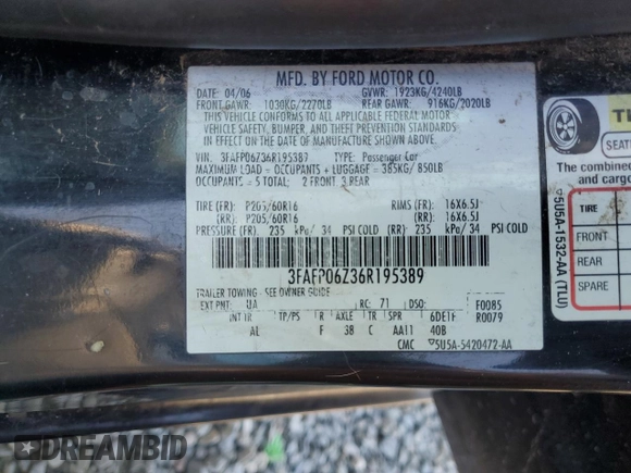 2006 Ford Fusion S with VIN 3FAFP06Z36R195389, listed as a Copart auction lot 46903095 with 127,284 mi miles and Salvage Title. Bid and sale history available at DreamBid. Image 14.