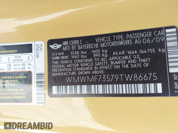 2009 MINI Hardtop S with VIN WMWMF73579TW86675, listed as a IAAI auction lot 42459385 with 129,264 mi miles and . Bid and sale history available at DreamBid. Image 9.