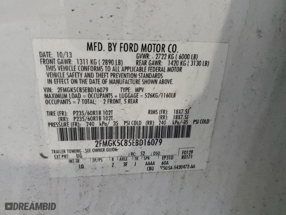 2014 Ford Flex SEL with VIN 2FMGK5C85EBD16079, listed as a Copart auction lot 46601625 with 172,964 mi miles and Salvage Title. Bid and sale history available at carsss.com. Image 15.