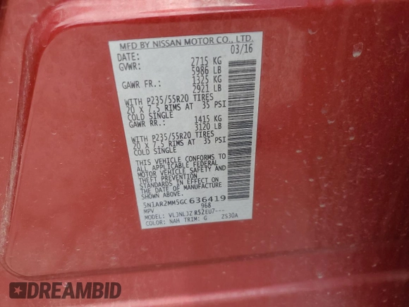 2016 Nissan Pathfinder Platinum with VIN 5N1AR2MM5GC636419, listed as a Copart auction lot 60929575 with 214,138 mi miles and Salvage title. Bid and sale history available at DreamBid. Image 13.