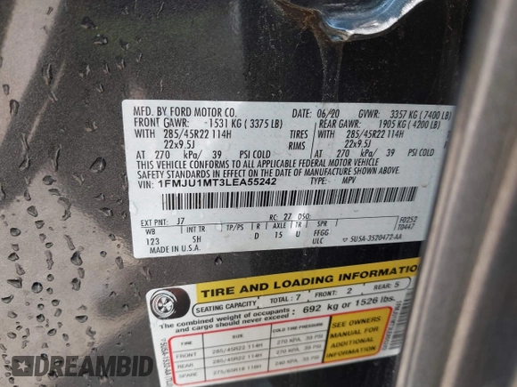 2020 Ford Expedition Platinum with VIN 1FMJU1MT3LEA55242, listed as a IAAI auction lot 41869785 with 92,743 mi miles and . Bid and sale history available at DreamBid. Image 9.