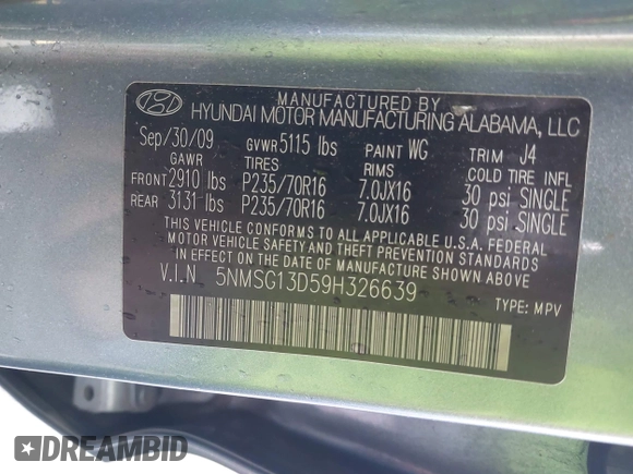 2009 Hyundai Santa Fe GLS z VIN 5NMSG13D59H326639, wystawiony jako IAAI lot #42422711 z przebiegiem 191 362 mil mil oraz . Historia ofert i sprzedaży dostępna na DreamBid. Obrazek 9.