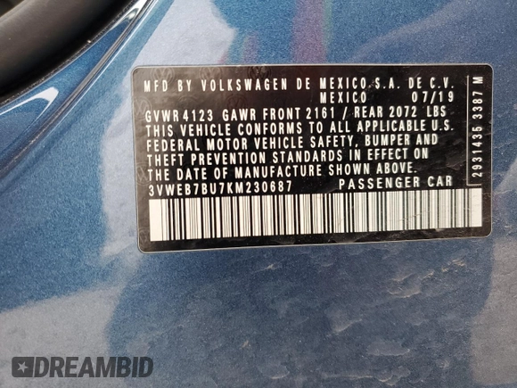 2019 Volkswagen Jetta SEL с VIN 3VWEB7BU7KM230687, выставлен на аукционе Copart как лот 45283785 с пробегом 73 787 миль миль и Списание • Salvage title. История ставок и продаж доступна на DreamBid. Изображение 13.