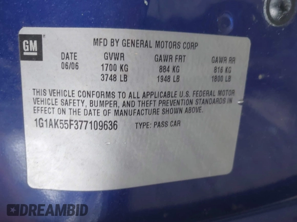 2007 Chevrolet Cobalt LS with VIN 1G1AK55F377109636, listed as a IAAI auction lot 41168160 with 136,337 mi miles and . Bid and sale history available at DreamBid. Image 9.