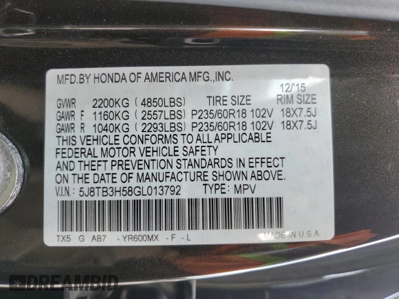 2016 Acura RDX Technology with VIN 5J8TB3H58GL013792, listed as a Copart auction lot 48191155 with 56,715 mi miles and Salvage Title. Bid and sale history available at DreamBid. Image 14.