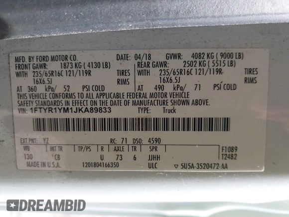 2018 Ford Transit with VIN 1FTYR1YM1JKA89833, listed as a IAAI auction lot 41833114 with 201,883 mi miles and . Bid and sale history available at DreamBid. Image 9.
