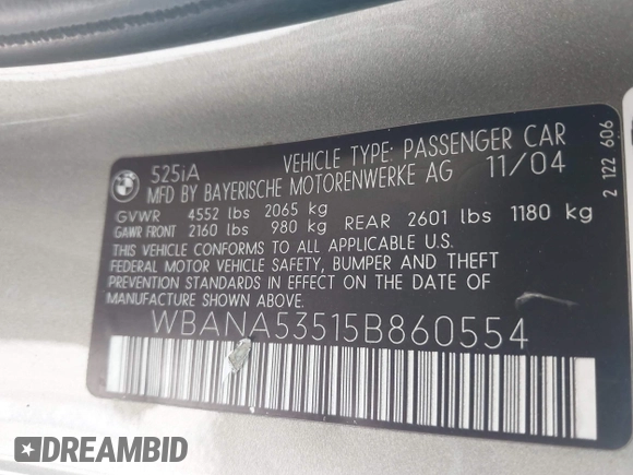 2005 BMW 5 Series 525i with VIN WBANA53515B860554, listed as a IAAI auction lot 42071388 with 122,042 mi miles. Bid and sale history available at carsss.com. Image 9.