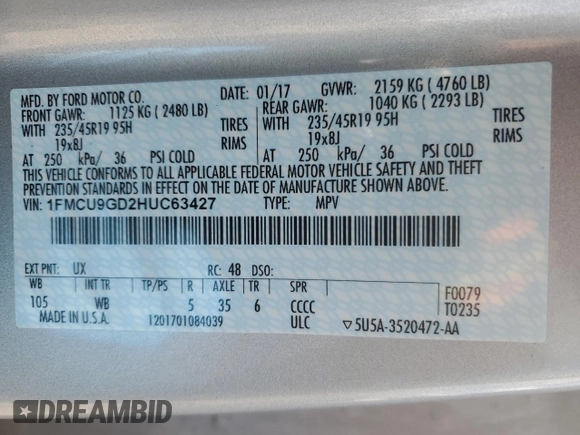 2017 Ford Escape SE with VIN 1FMCU9GD2HUC63427, listed as a Copart auction lot 50571535 with 102,911 mi miles and Salvage Title. Bid and sale history available at carsss.com. Image 13.