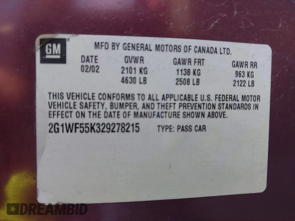 2002 Chevrolet Impala with VIN 2G1WF55K329278215, listed as a IAAI auction lot 41893693 with 291,100 mi miles and . Bid and sale history available at DreamBid. Image 9.