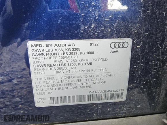 2022 Audi e-tron Premium with VIN WA1AAAGE4NB022730, listed as a Copart auction lot 56118575 with 47,680 mi miles and Clean title. Bid and sale history available at DreamBid. Image 13.