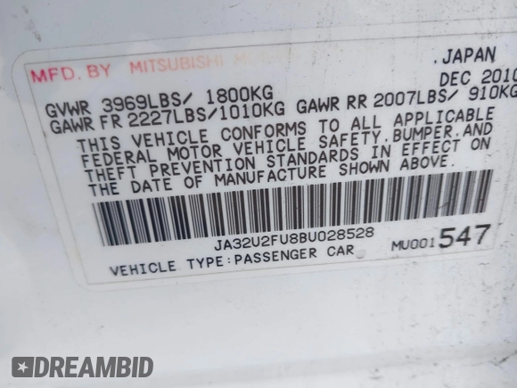 2011 Mitsubishi Lancer ES with VIN JA32U2FU8BU028528, listed as a IAAI auction lot 42152453 with 131,113 mi miles and . Bid and sale history available at DreamBid. Image 9.