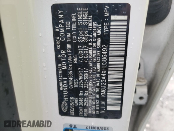 2017 Hyundai Tucson SE with VIN KM8J23A4XHU386492, listed as a Copart auction lot 52022475 with 73,155 mi miles and Salvage Title. Bid and sale history available at DreamBid. Image 15.