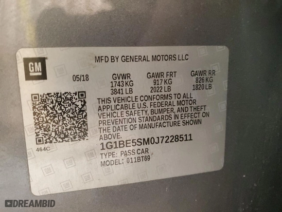 2018 Chevrolet Cruze LT with VIN 1G1BE5SM0J7228511, listed as a Copart auction lot 47893985 with 37,936 mi miles and Salvage Title. Bid and sale history available at carsss.com. Image 15.