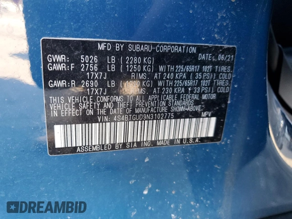 2022 Subaru Outback Wilderness with VIN 4S4BTGUD9N3102775, listed as a Copart auction lot 44130615 with 68,642 mi miles and Salvage Title. Bid and sale history available at DreamBid. Image 14.