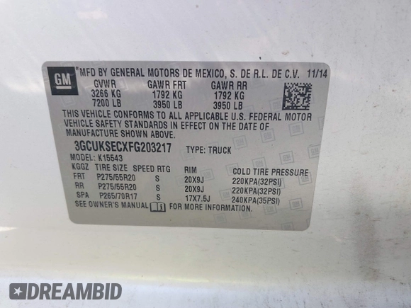 2015 Chevrolet Silverado 1500 LTZ with VIN 3GCUKSECXFG203217, listed as a IAAI auction lot 40871435 with 167,386 mi miles. Bid and sale history available at carsss.com. Image 9.