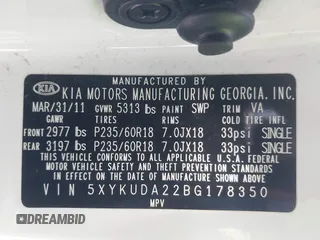 2011 Kia Sorento EX with VIN 5XYKUDA22BG178350, listed as a IAAI auction lot 42225234 with 107,674 mi miles and . Bid and sale history available at DreamBid. Image 9.