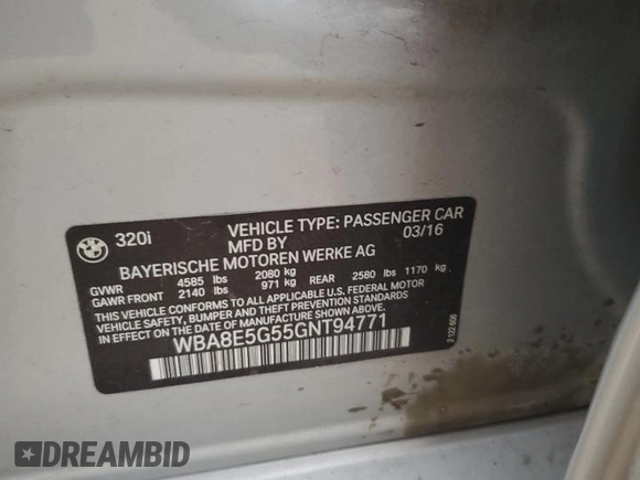2016 BMW 3 Series 320i xDrive with VIN WBA8E5G55GNT94771, listed as a Copart auction lot 48237525 with 0 mi miles and Salvage Title. Bid and sale history available at carsss.com. Image 13.