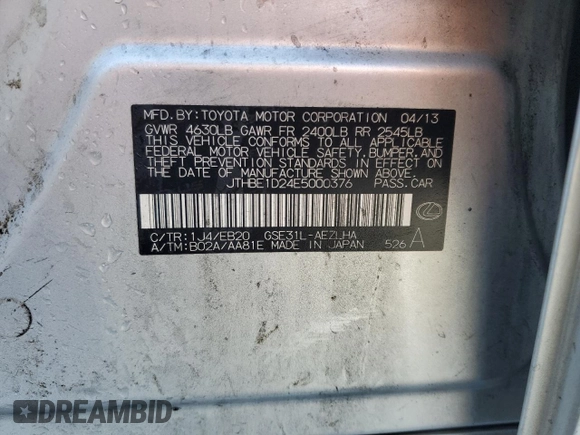 2014 Lexus IS 350 z VIN JTHBE1D24E5000376, wystawiony jako Copart lot #44133905 z przebiegiem 101 896 mil mil oraz Szkoda całkowita • Salvage title. Historia ofert i sprzedaży dostępna na DreamBid. Obrazek 13.