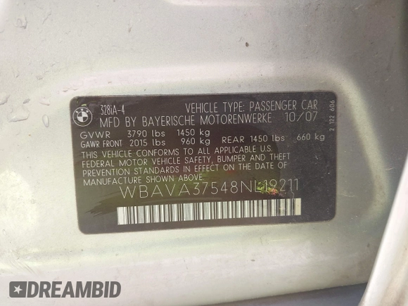 2008 BMW 3 Series 328i with VIN WBAVA37548NL19211, listed as a IAAI auction lot 41821413 with 174,087 mi miles. Bid and sale history available at carsss.com. Image 9.