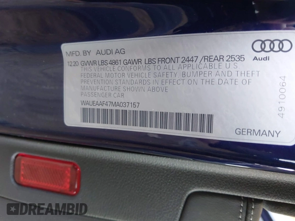 2021 Audi A4 S line Premium Plus with VIN WAUEAAF47MA037157, listed as a IAAI auction lot 41618829 with 44,408 mi miles and . Bid and sale history available at DreamBid. Image 9.