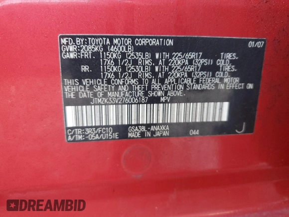 2007 Toyota RAV4 with VIN JTMZK33V276006187, listed as a Copart auction lot 86752934 with 198,443 mi miles and Salvage Title. Bid and sale history available at DreamBid. Image 13.