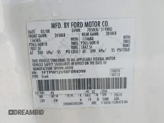 2008 Ford F-150 XLT with VIN 1FTPW12V58FB69399, listed as a IAAI auction lot 41994088 with 198,620 mi miles and . Bid and sale history available at DreamBid. Image 9.
