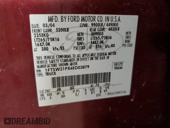 2004 Ford F-350 XL with VIN 1FTSW31PX4ED03879, listed as a Copart auction lot 56050665 with 175,553 mi miles and Clean title. Bid and sale history available at DreamBid. Image 12.