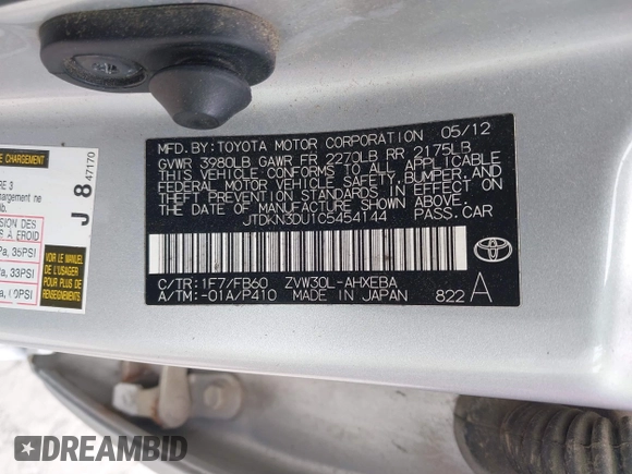 2012 Toyota Prius One with VIN JTDKN3DU1C5454144, listed as a IAAI auction lot 42136714 with Not Provided miles and . Bid and sale history available at carsss.com. Image 9.