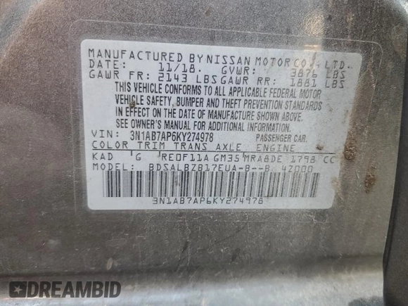 2019 Nissan Sentra S with VIN 3N1AB7AP6KY274978, listed as a Copart auction lot 79654974 with 101,372 mi miles and Salvage Title. Bid and sale history available at DreamBid. Image 13.