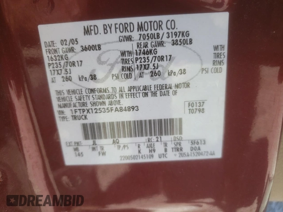 2005 Ford F-150 XLT with VIN 1FTPX12535FA84893, listed as a Copart auction lot 51248115 with 107,981 mi miles and Salvage title. Bid and sale history available at DreamBid. Image 12.