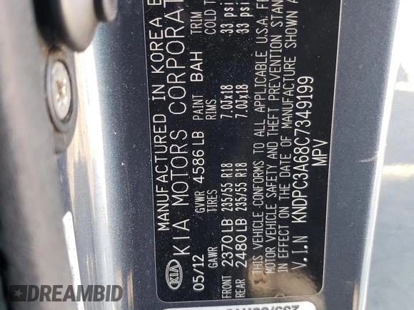 2012 Kia Sportage SX with VIN KNDPC3A68C7349199, listed as a Copart auction lot 51908355 with Not provided miles and Salvage title. Bid and sale history available at DreamBid. Image 15.