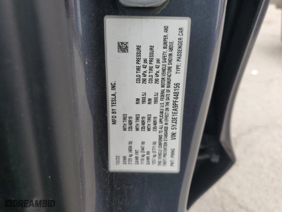 2023 Tesla Model 3 with VIN 5YJ3E1EA9PF448156, listed as a Copart auction lot 50814195 with 0 mi miles and Salvage Title. Bid and sale history available at carsss.com. Image 12.