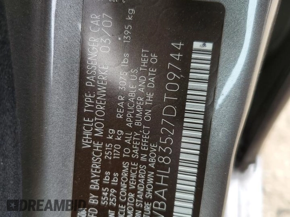 2007 BMW 7 Series 750i with VIN WBAHL83527DT09744, listed as a Copart auction lot 62309195 with 118,242 mi miles and Salvage title. Bid and sale history available at DreamBid. Image 12.