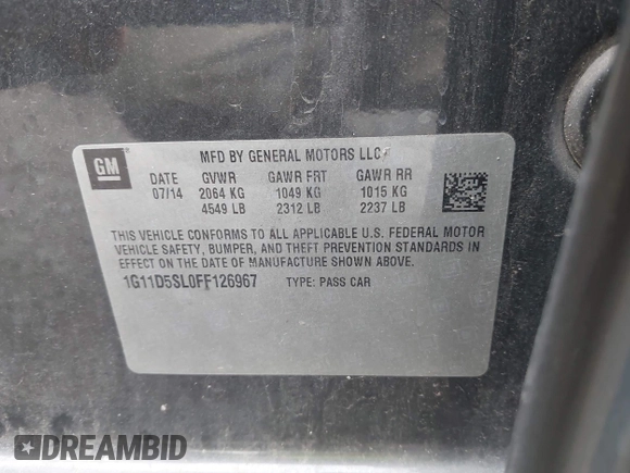 2015 Chevrolet Malibu LT with VIN 1G11D5SL0FF126967, listed as a IAAI auction lot 41898885 with Not Provided miles and . Bid and sale history available at DreamBid. Image 9.