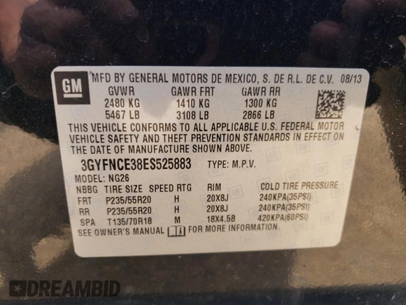 2014 Cadillac SRX Performance Collection with VIN 3GYFNCE38ES525883, listed as a Copart auction lot 55085505 with 160,609 mi miles and Salvage title. Bid and sale history available at DreamBid. Image 13.