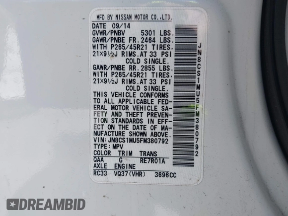 2015 Infiniti QX70 with VIN JN8CS1MU5FM380792, listed as a IAAI auction lot 41946084 with 128,928 mi miles and . Bid and sale history available at DreamBid. Image 9.