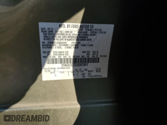 2012 Ford Flex SEL with VIN 2FMGK5CCXCBD07895, listed as a Copart auction lot 41585715 with 267,270 mi miles and Salvage Title. Bid and sale history available at carsss.com. Image 15.