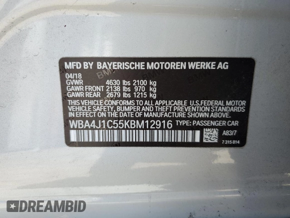 2019 BMW 4 Series 430i z VIN WBA4J1C55KBM12916, wystawiony jako Copart lot #59987894 z przebiegiem 39 835 mil mil oraz Szkoda całkowita • Salvage title. Historia ofert i sprzedaży dostępna na DreamBid. Obrazek 12.