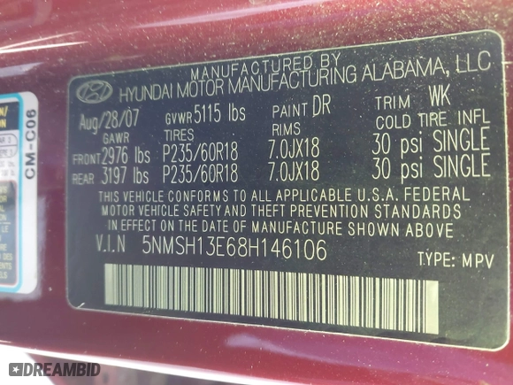 2008 Hyundai Santa Fe SE with VIN 5NMSH13E68H146106, listed as a IAAI auction lot 41747474 with 190,907 mi miles. Bid and sale history available at carsss.com. Image 9.