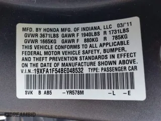 2011 Honda Civic Sdn LX with VIN 19XFA1F54BE048532, listed as a IAAI auction lot 41636667 with 117,065 mi miles. Bid and sale history available at carsss.com. Image 9.