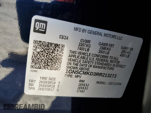 2024 Chevrolet Tahoe LS with VIN 1GNSCMKD3RR213273, listed as a Copart auction lot 82114044 with 1,588 mi miles and Salvage title. Bid and sale history available at DreamBid. Image 13.