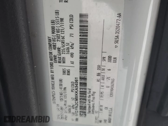 2019 Ford Transit with VIN 1FDYR2CMXKKA94961, listed as a Copart auction lot 44216665 with 219,515 mi miles and Salvage Title. Bid and sale history available at DreamBid. Image 14.