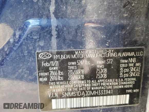 2021 Hyundai Santa Fe SE with VIN 5NMS1DAJ0MH333941, listed as a Copart auction lot 46282625 with 63,610 mi miles and Salvage Title. Bid and sale history available at carsss.com. Image 13.