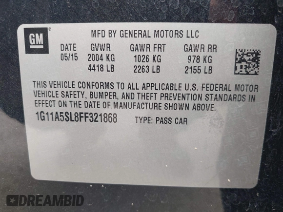 2015 Chevrolet Malibu LS with VIN 1G11A5SL8FF321868, listed as a IAAI auction lot 42137130 with 145,611 mi miles and . Bid and sale history available at DreamBid. Image 9.