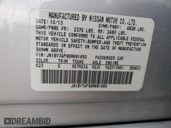 2014 Infiniti Q50 Premium with VIN JN1BV7AP9EM681650, listed as a Copart auction lot 62825004 with 136,959 mi miles and Salvage title. Bid and sale history available at DreamBid. Image 12.